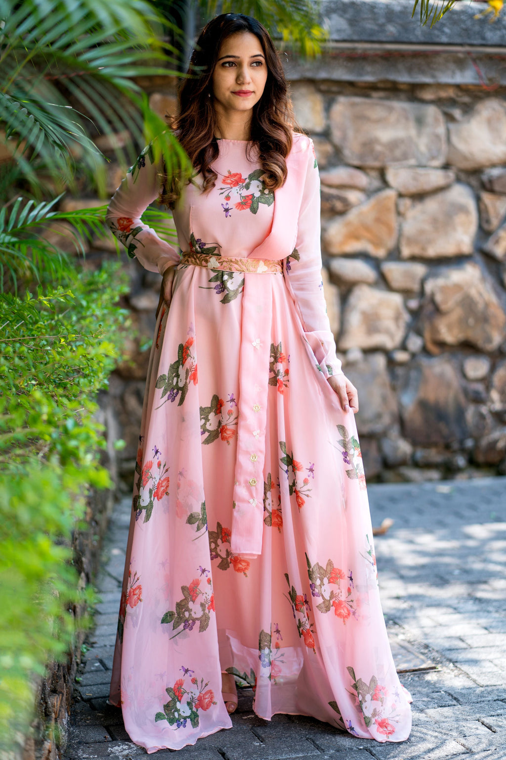 Women Peach Floral Printed Maxi Dress With Dupatta - House of Saba