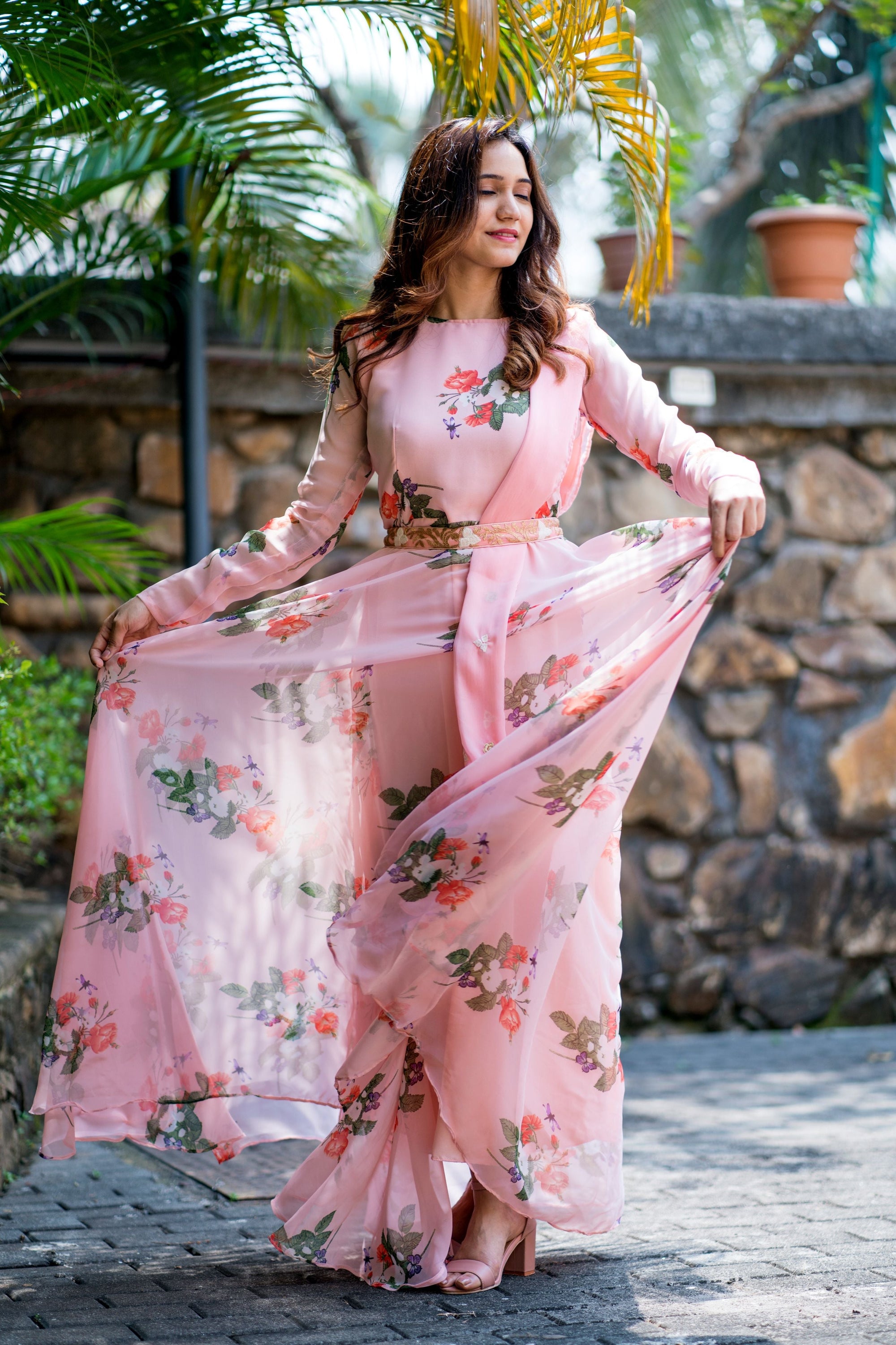 Women Peach Floral Printed Maxi Dress With Dupatta - House of Saba