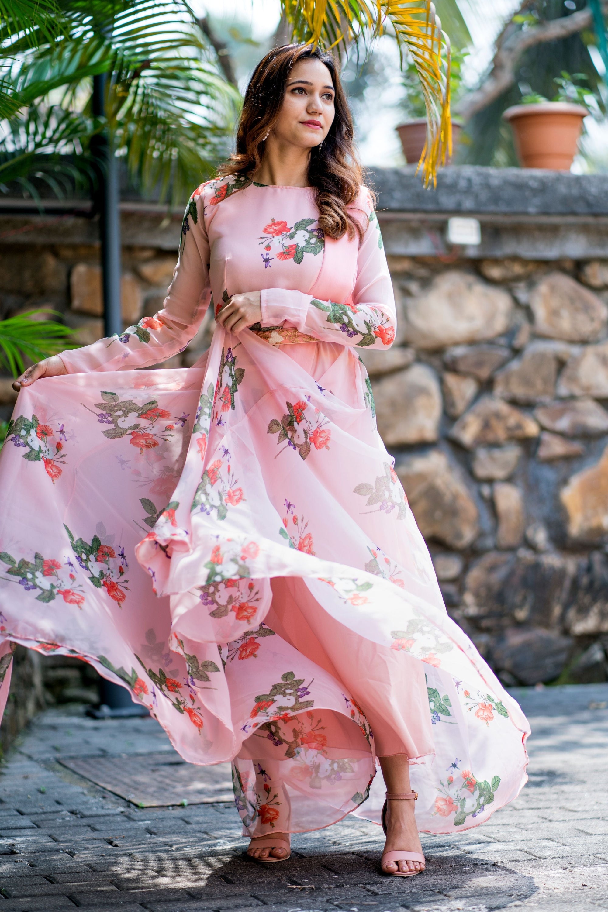 Women Peach Floral Printed Maxi Dress With Dupatta - House of Saba