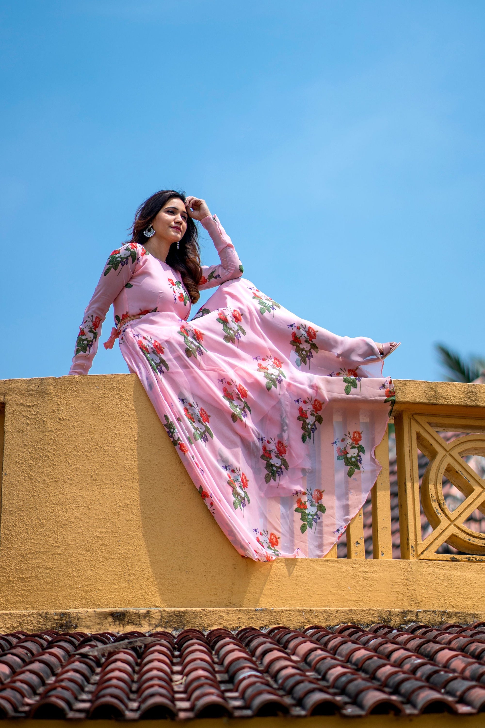 Women Peach Floral Printed Maxi Dress With Dupatta - House of Saba