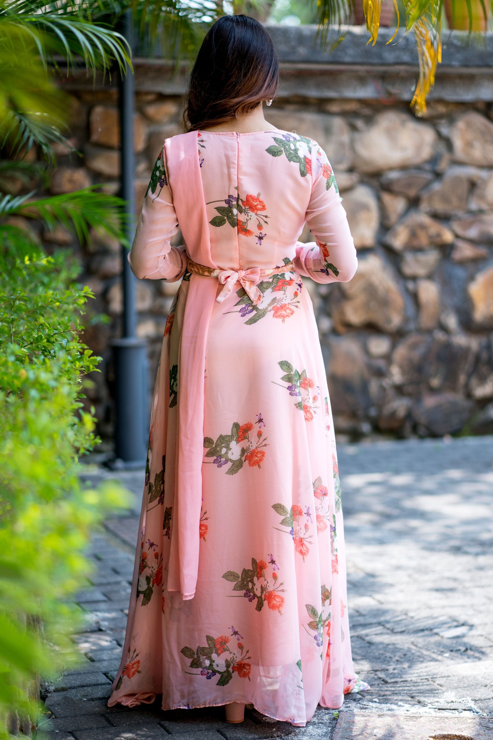 Women Peach Floral Printed Maxi Dress With Dupatta - House of Saba