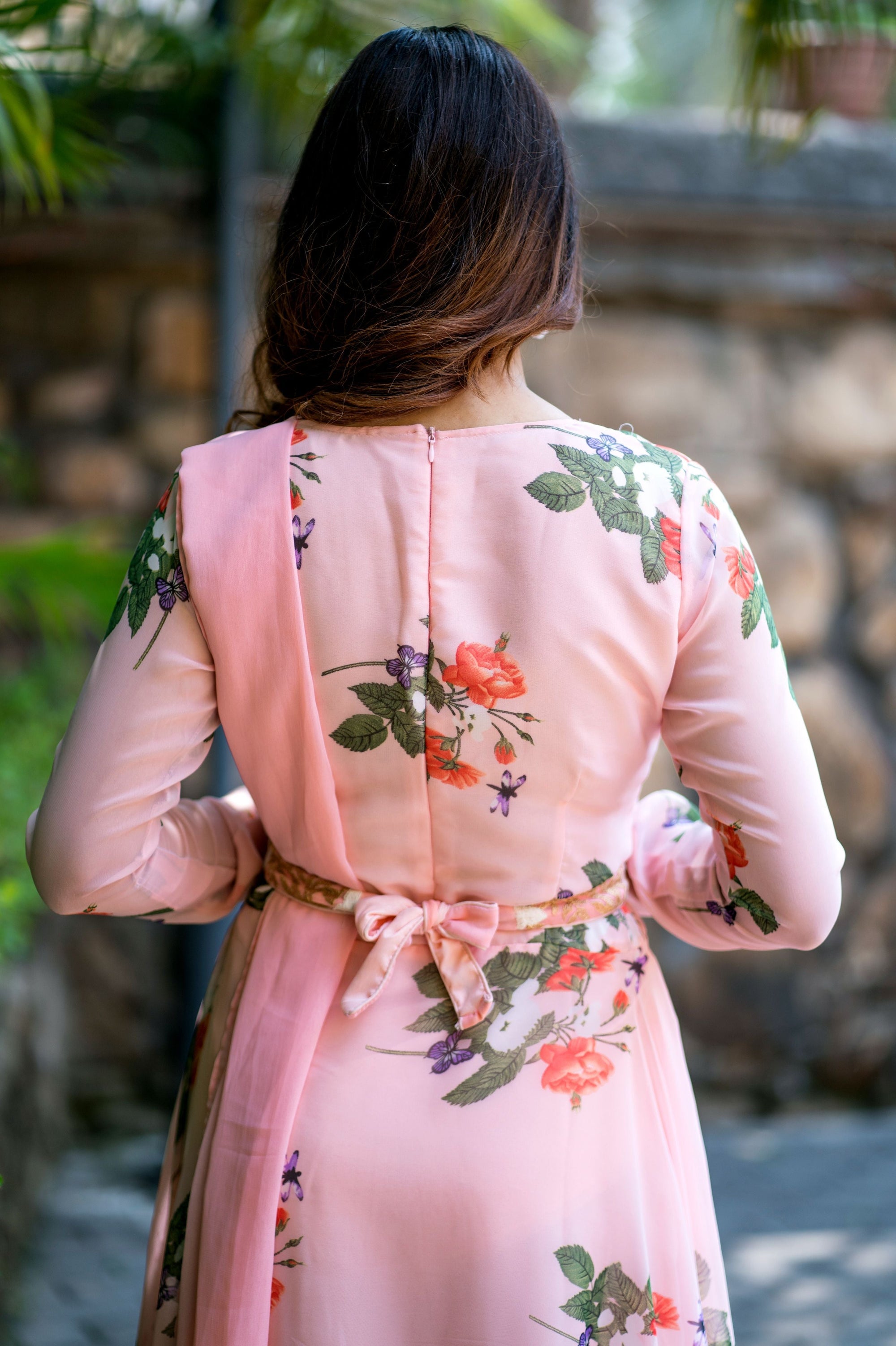 Women Peach Floral Printed Maxi Dress With Dupatta - House of Saba
