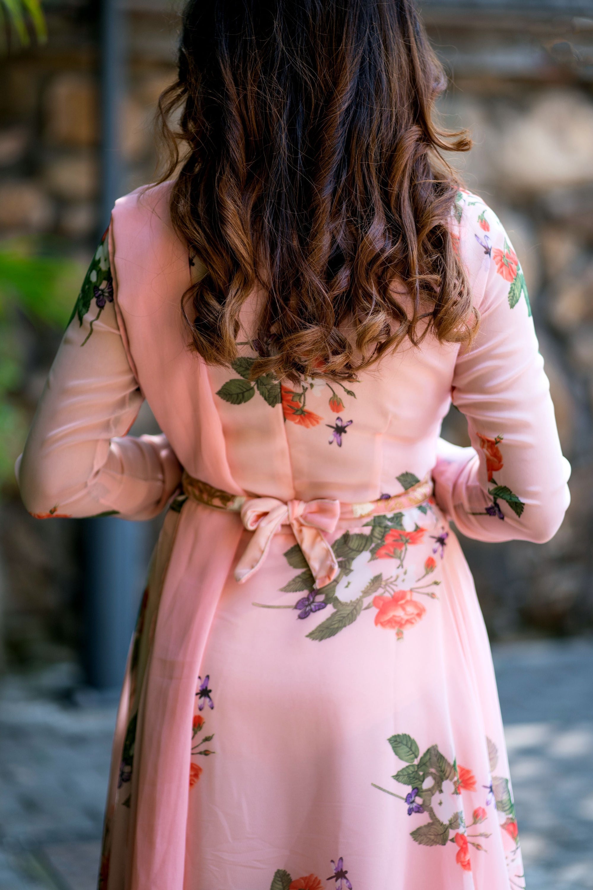 Women Peach Floral Printed Maxi Dress With Dupatta - House of Saba
