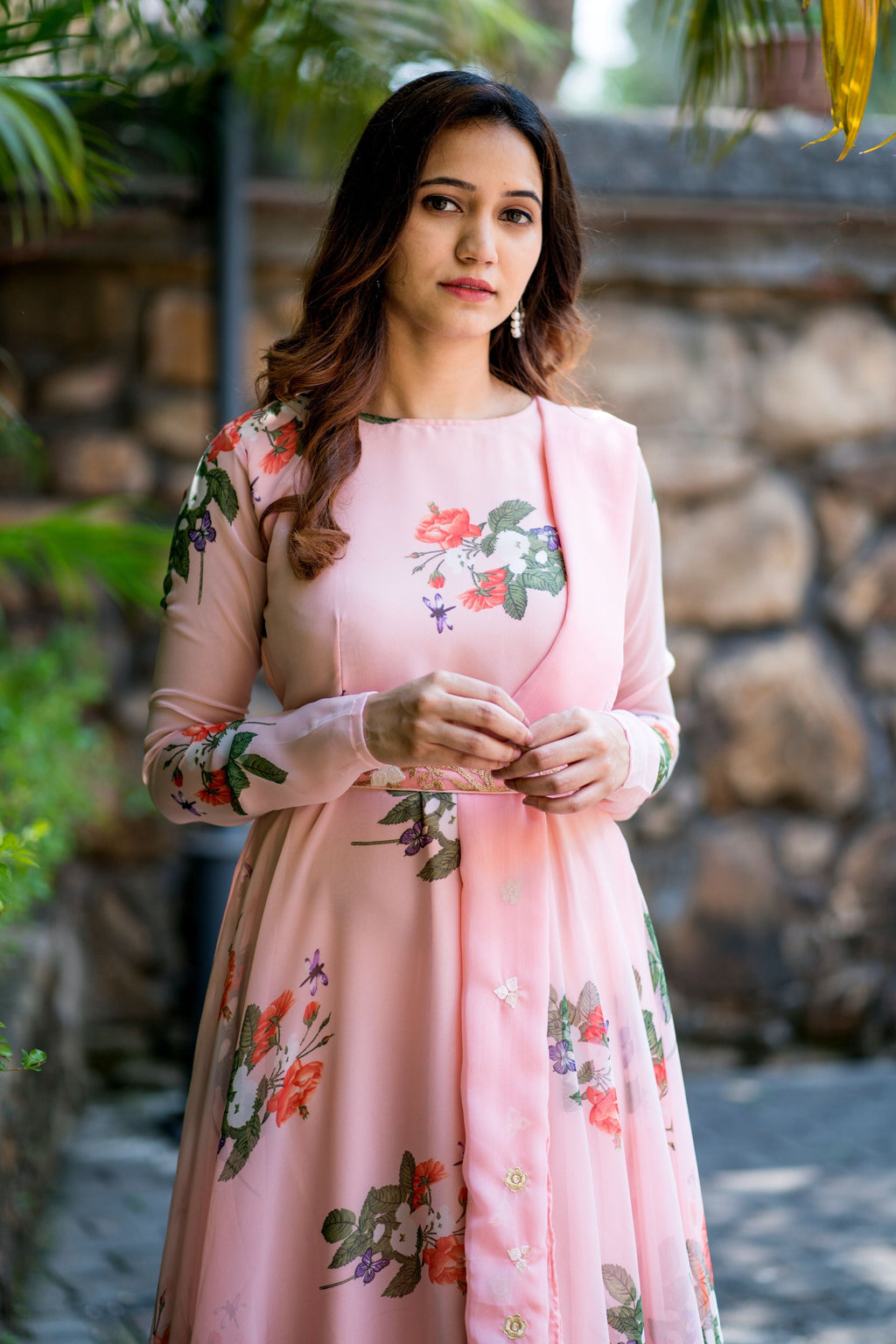 Women Peach Floral Printed Maxi Dress With Dupatta - House of Saba