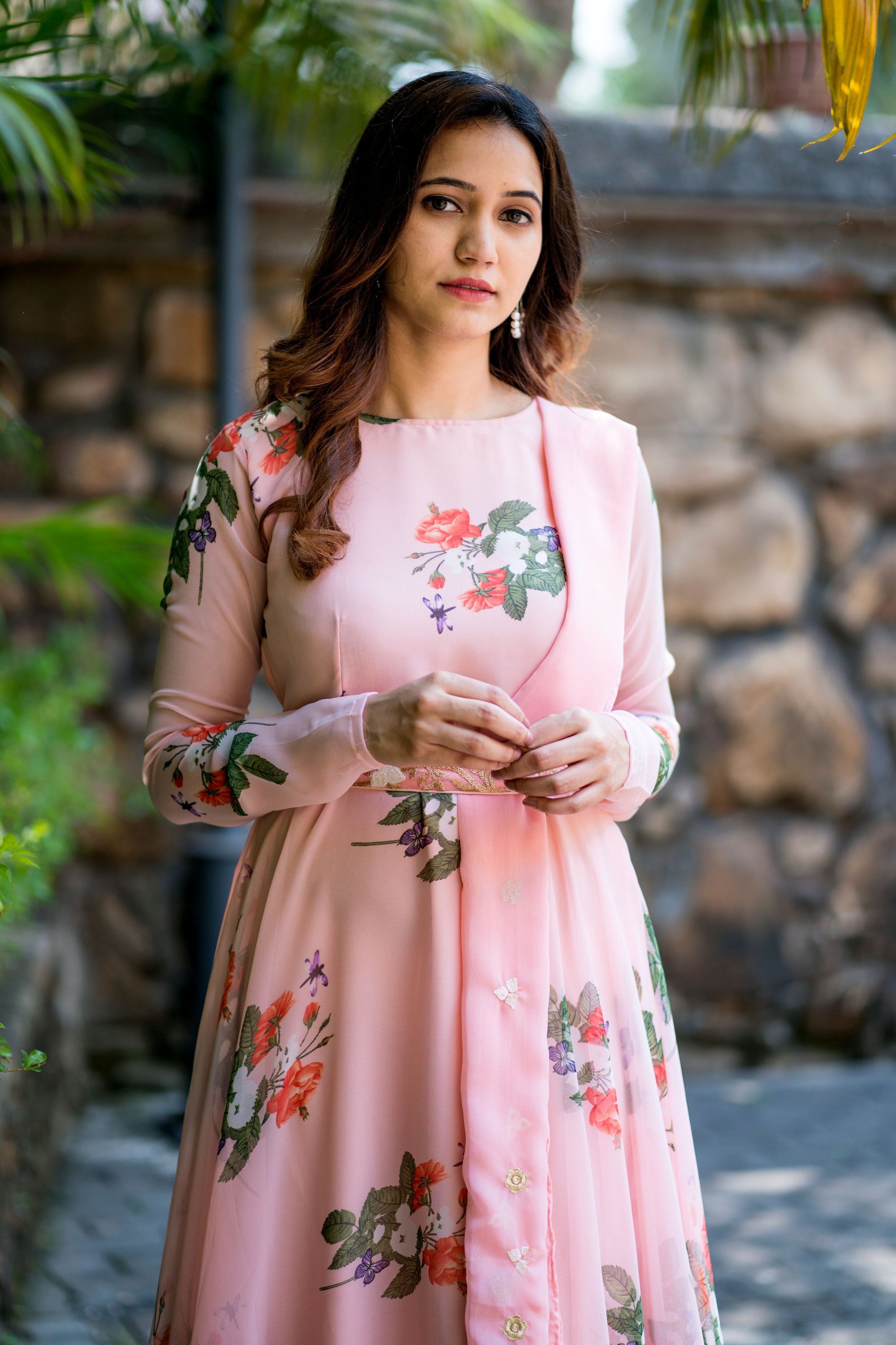 Women Peach Floral Printed Maxi Dress With Dupatta - House of Saba
