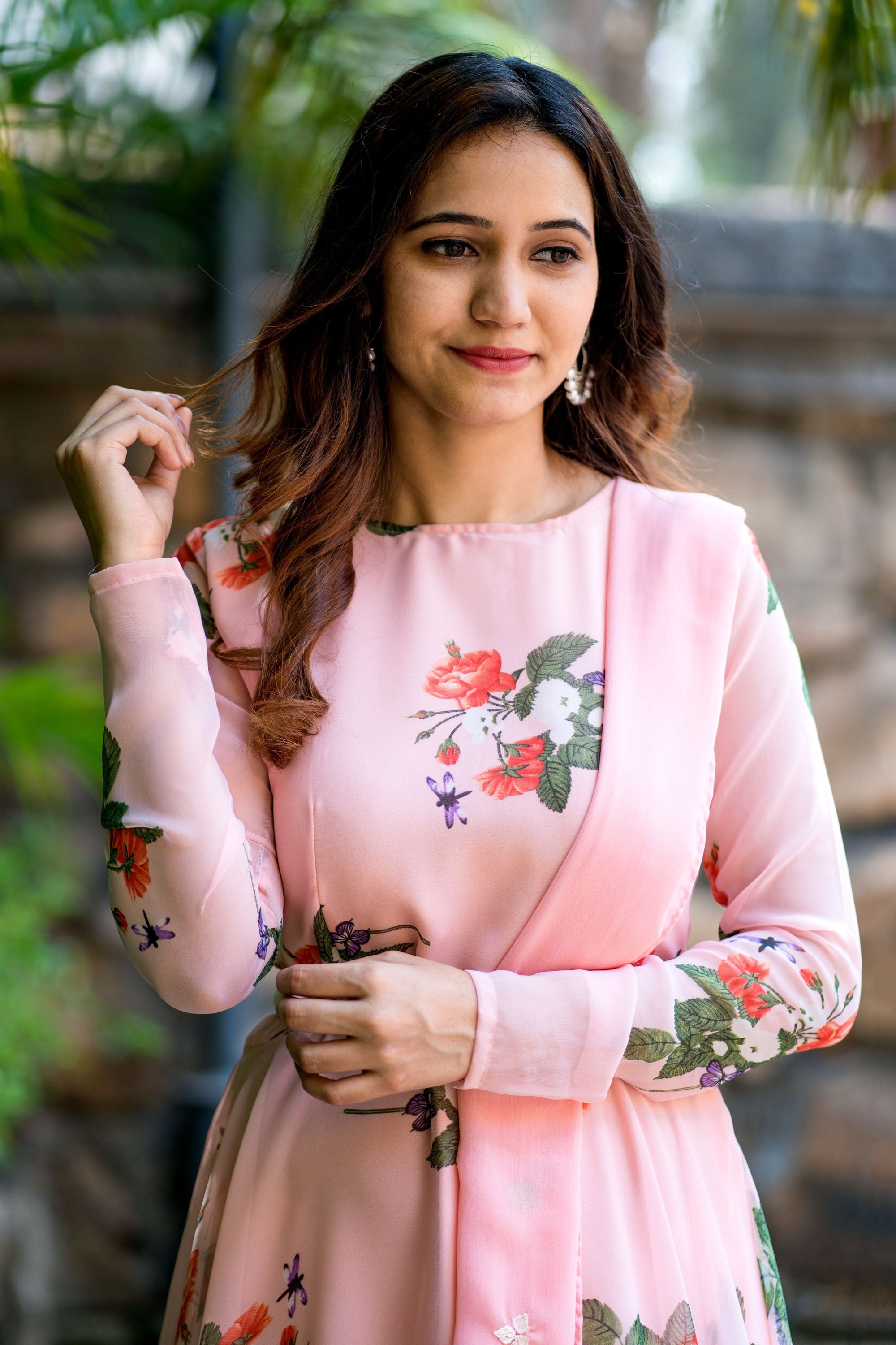 Women Peach Floral Printed Maxi Dress With Dupatta - House of Saba