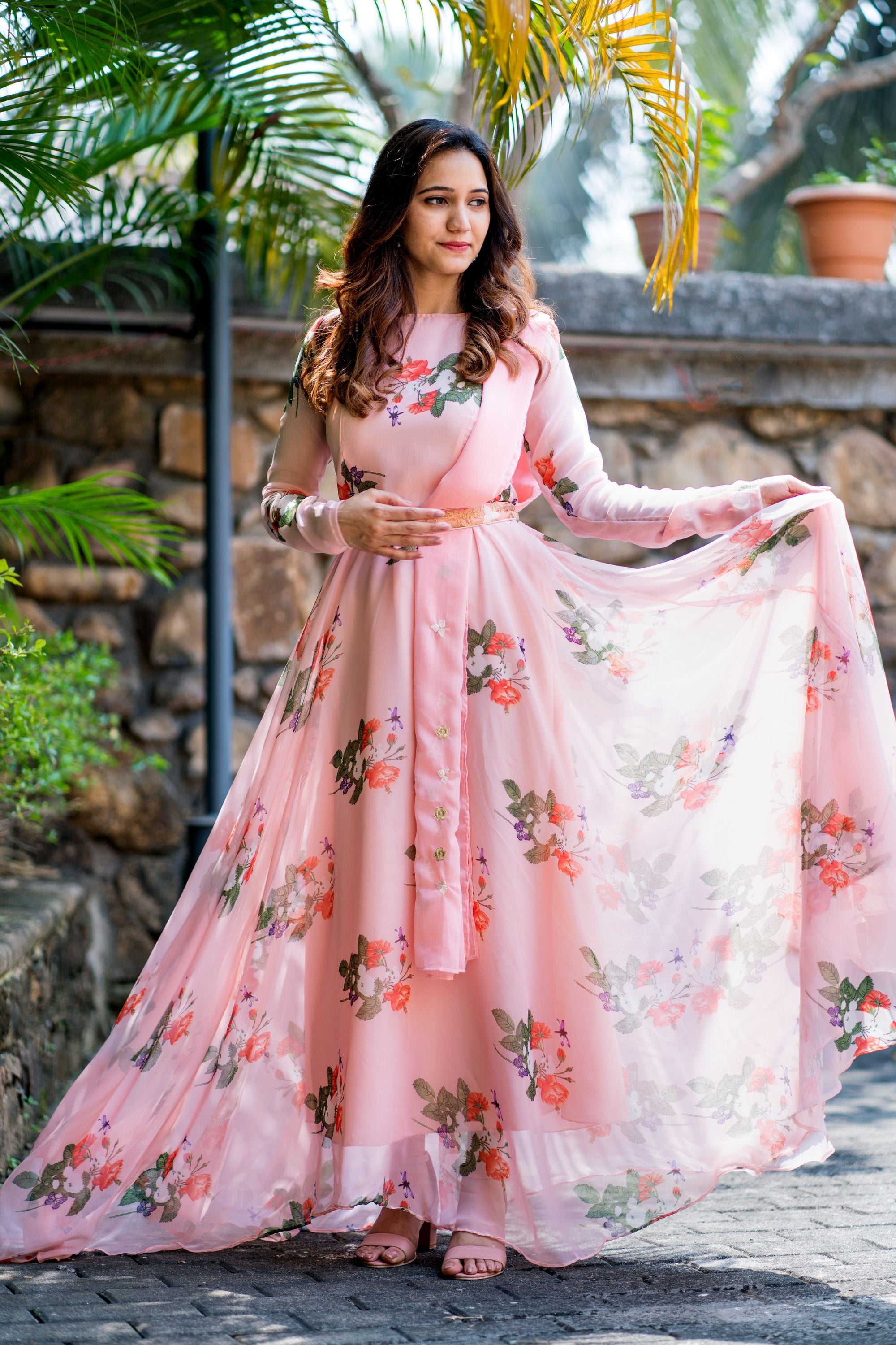 Women Peach Floral Printed Maxi Dress With Dupatta - House of Saba