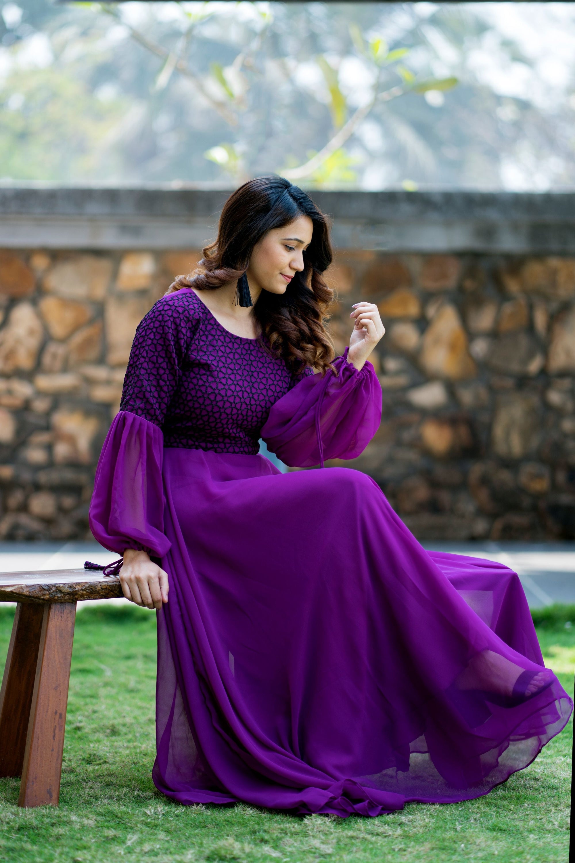 Women Purple Embroidered Round Neck Gown With Puff and Adjustable Sleeves- House of Saba