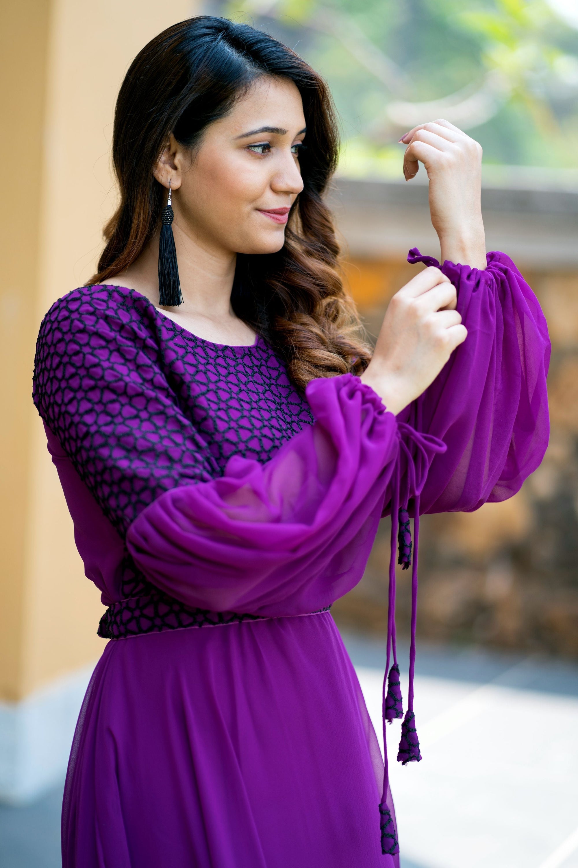 Women Purple Embroidered Round Neck Gown With Puff and Adjustable Sleeves- House of Saba