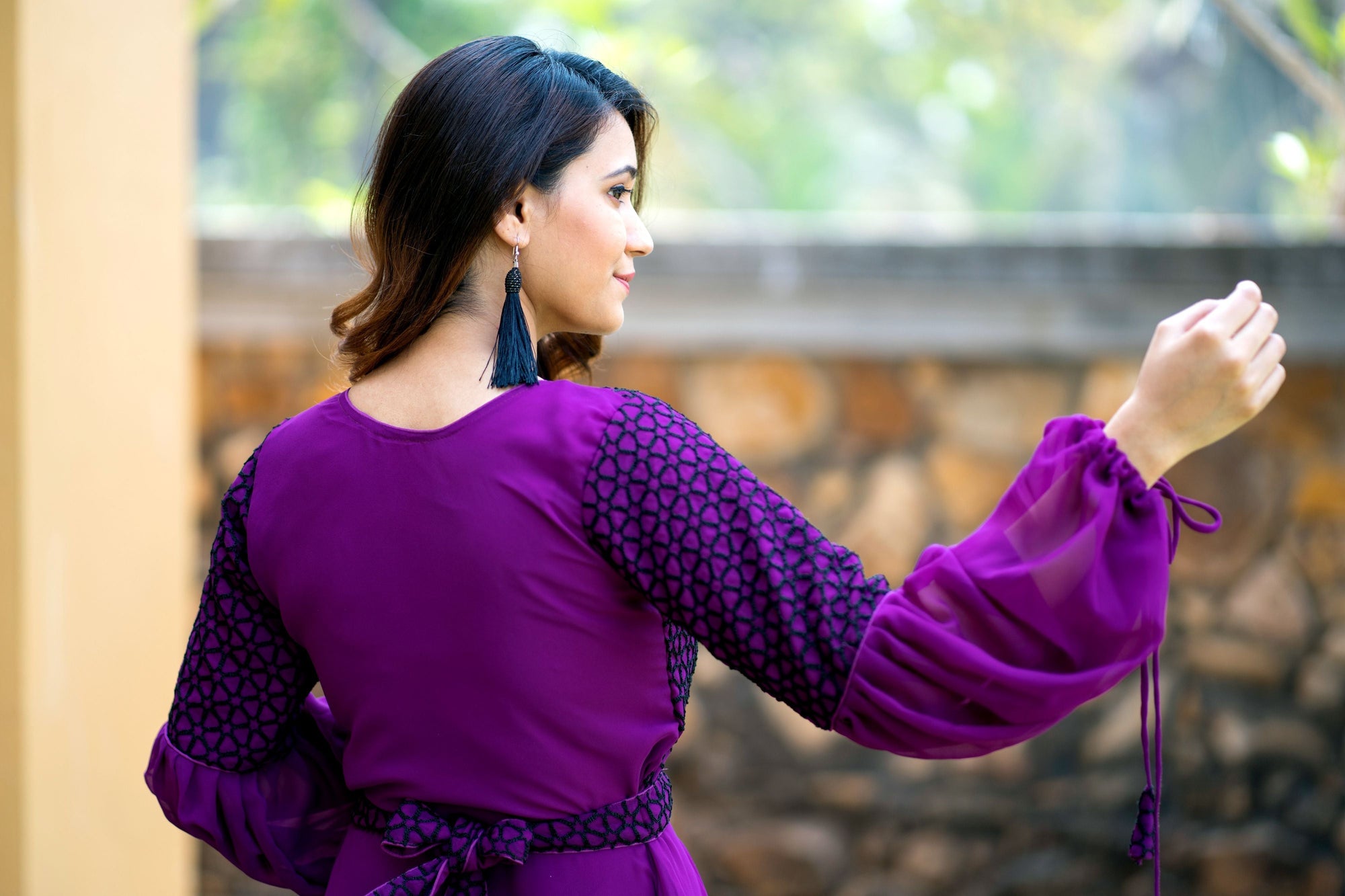Women Purple Embroidered Round Neck Gown With Puff and Adjustable Sleeves- House of Saba