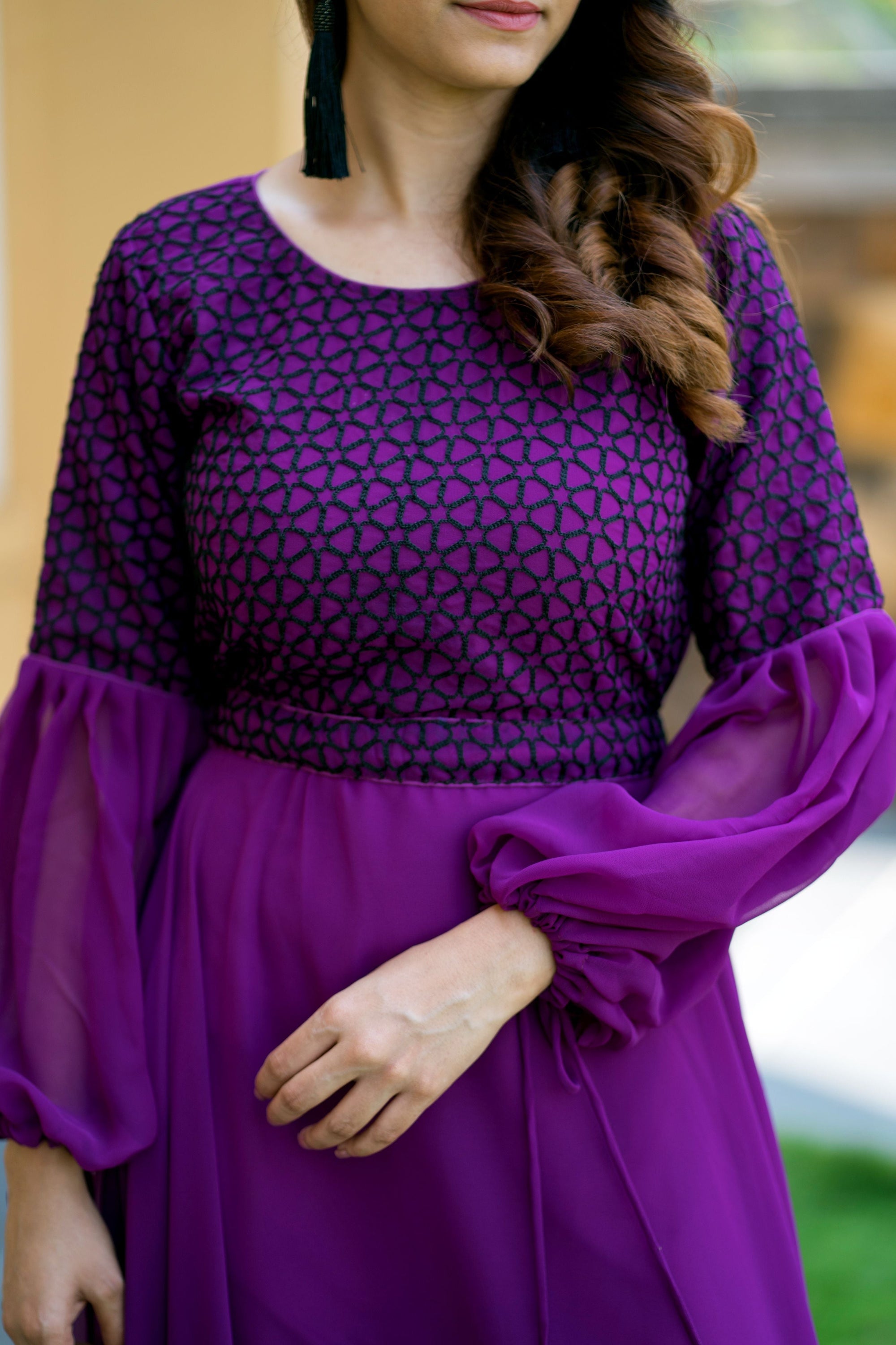 Women Purple Embroidered Round Neck Gown With Puff and Adjustable Sleeves- House of Saba