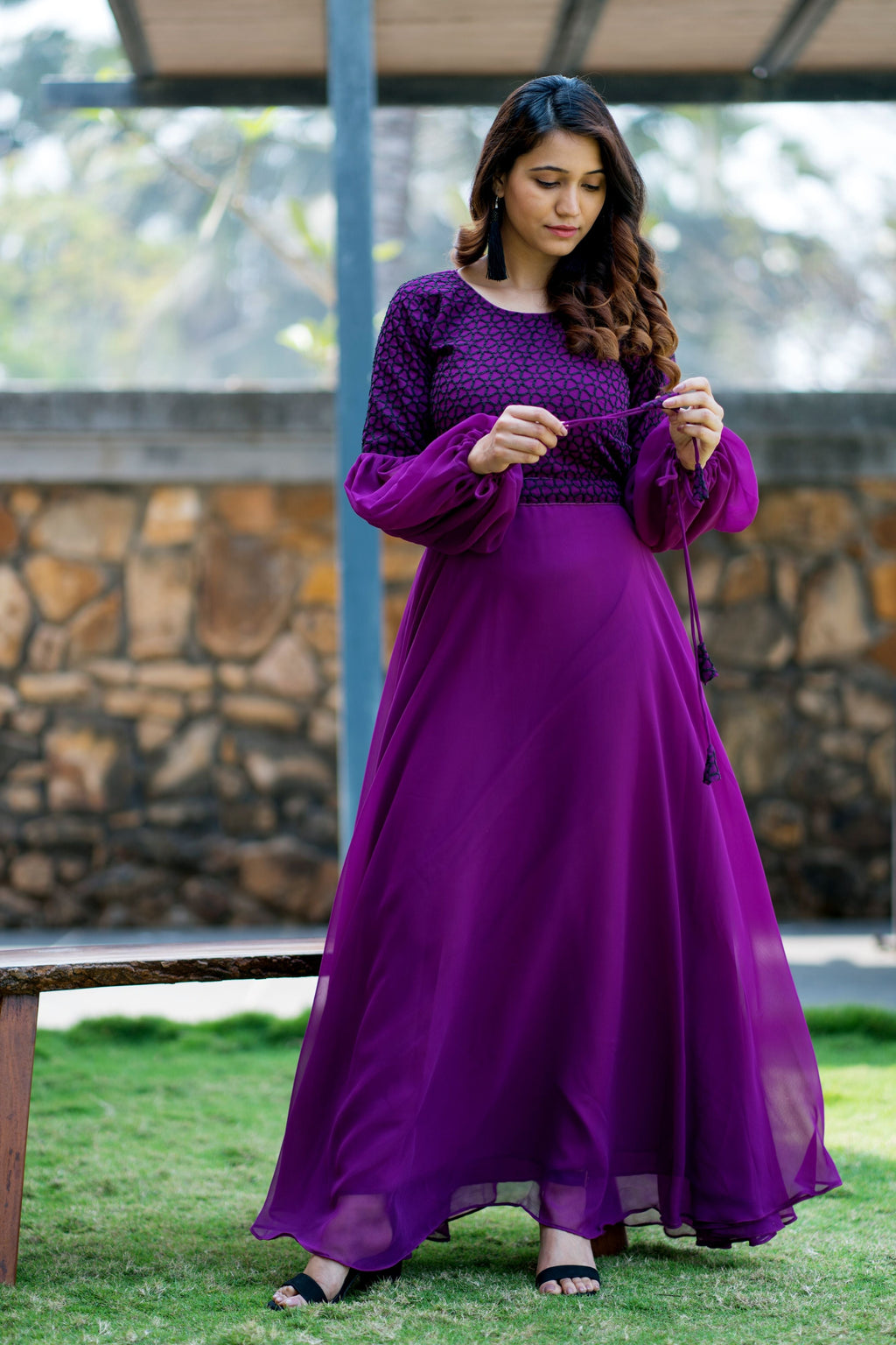 Women Purple Embroidered Round Neck Gown With Puff and Adjustable Sleeves- House of Saba