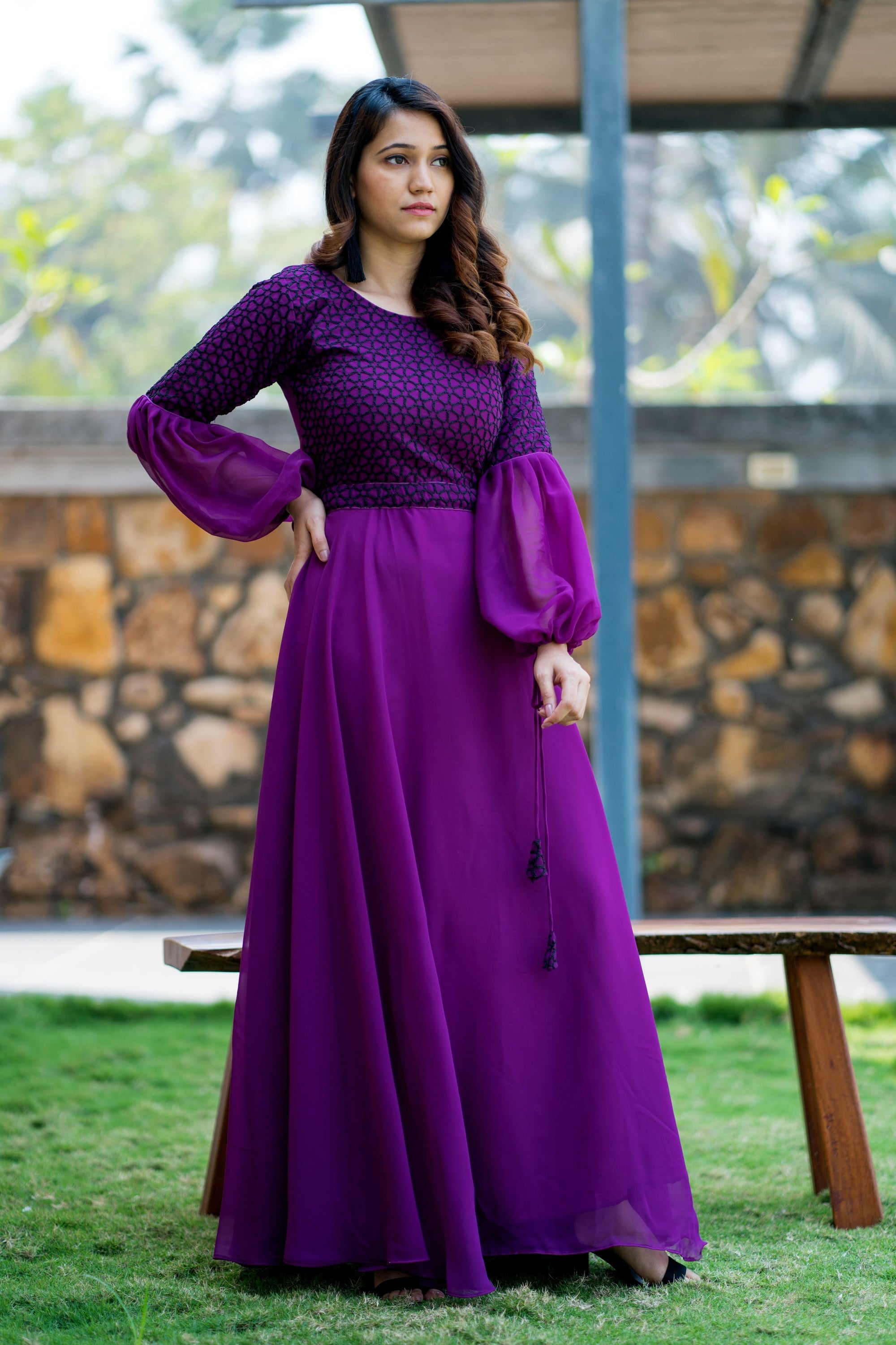 Women Purple Embroidered Round Neck Gown With Puff and Adjustable Sleeves- House of Saba