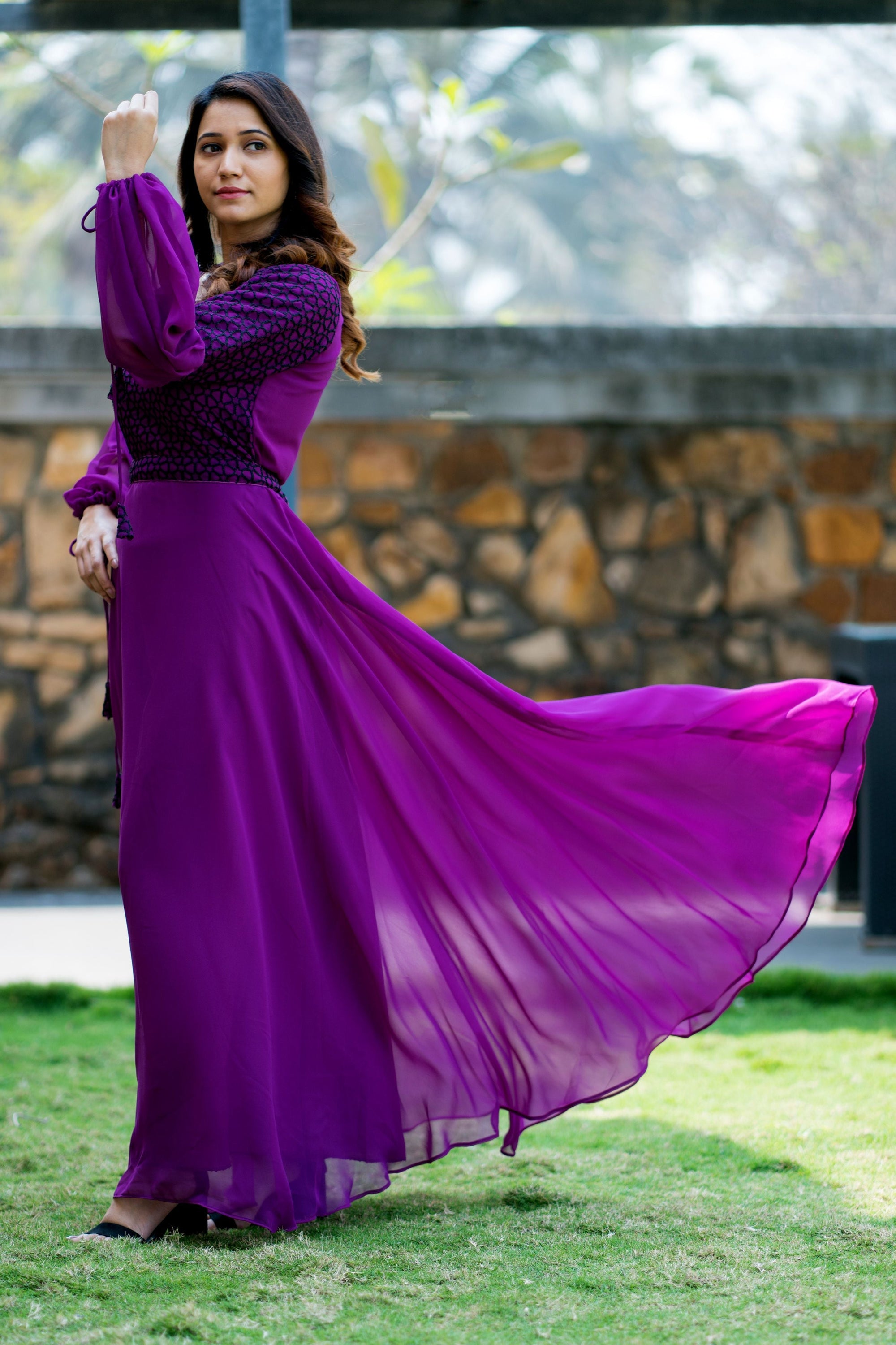 Women Purple Embroidered Round Neck Gown With Puff and Adjustable Sleeves- House of Saba