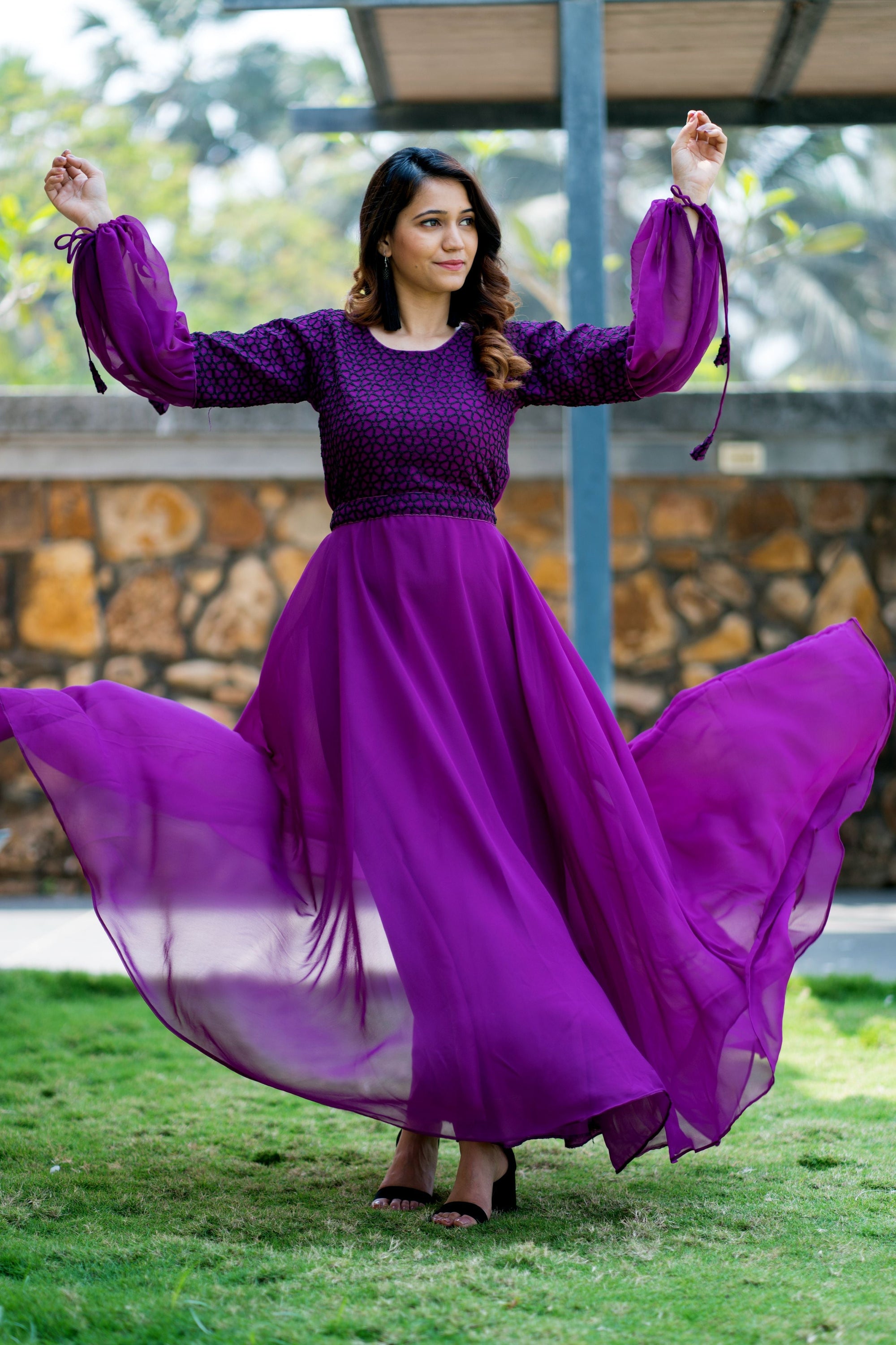 Women Purple Embroidered Round Neck Gown With Puff and Adjustable Sleeves- House of Saba