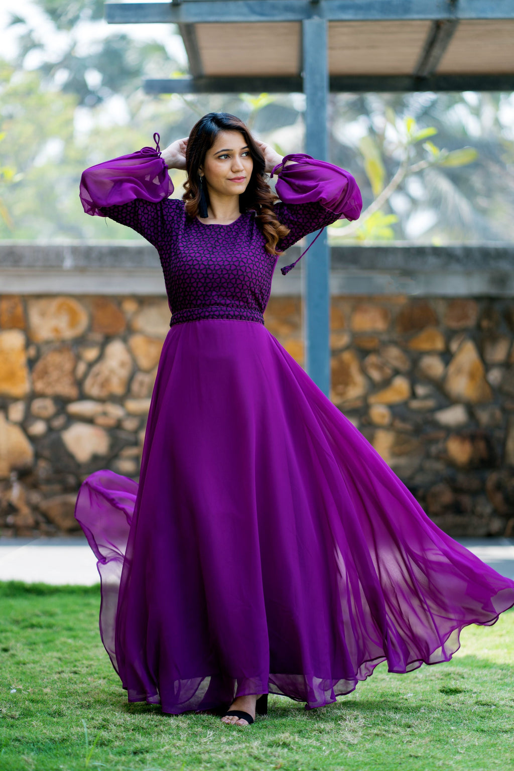 Women Purple Embroidered Round Neck Gown With Puff and Adjustable Sleeves- House of Saba