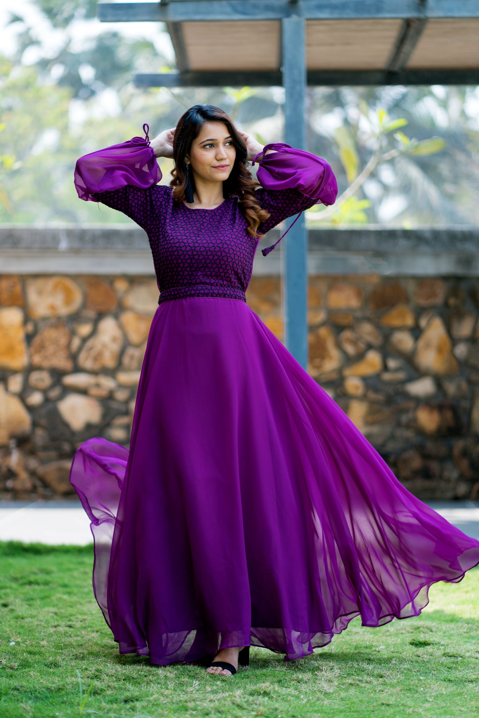 Women Purple Embroidered Round Neck Gown With Puff and Adjustable Sleeves- House of Saba