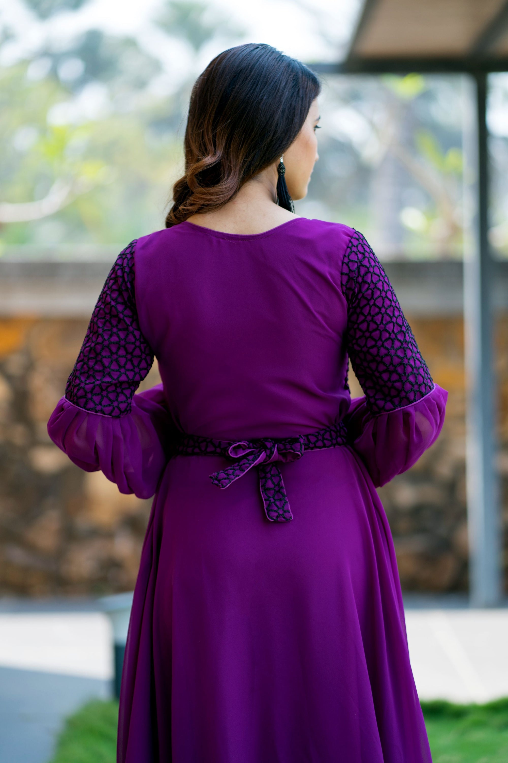 Women Purple Embroidered Round Neck Gown With Puff and Adjustable Sleeves- House of Saba