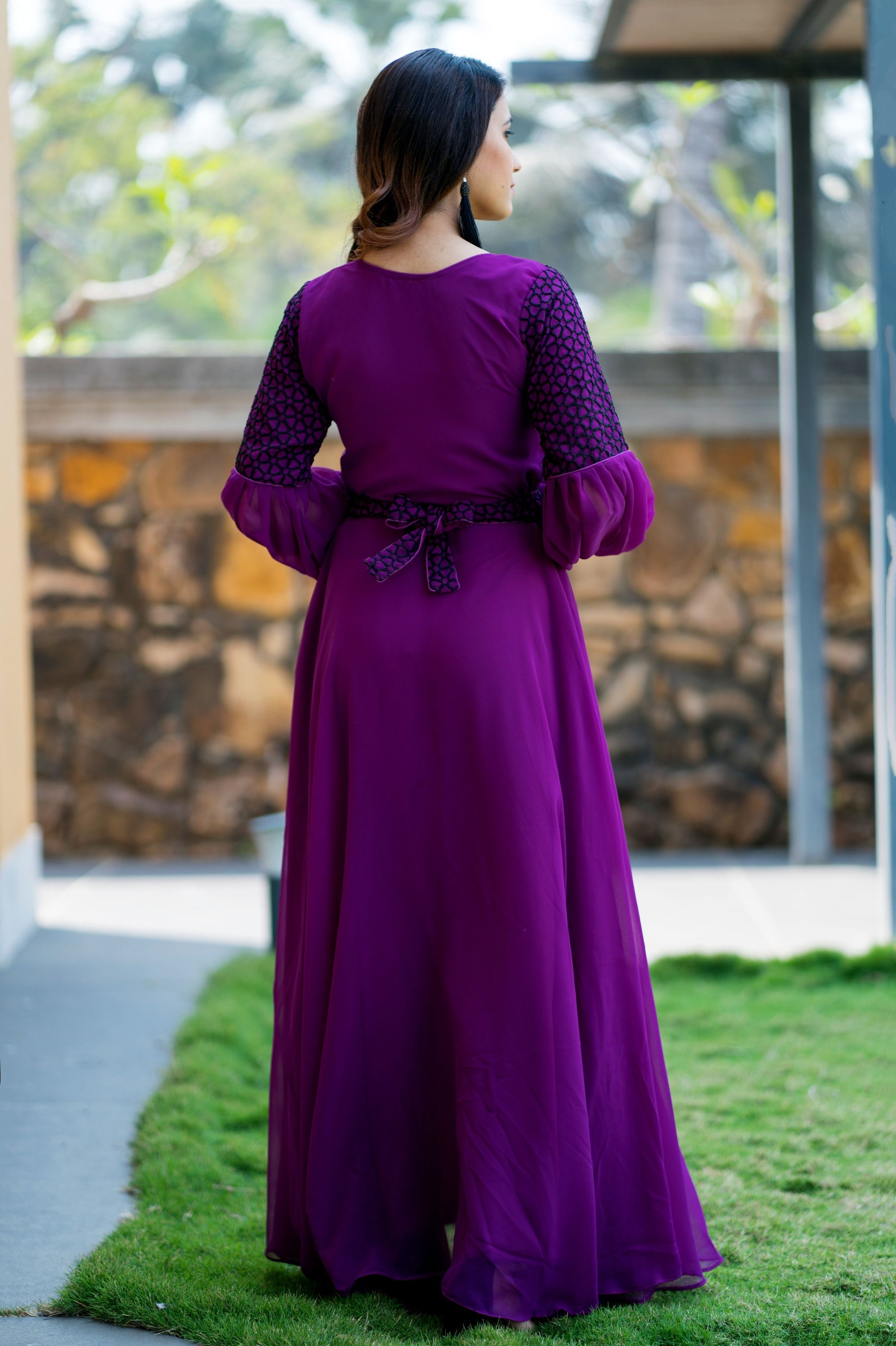 Women Purple Embroidered Round Neck Gown With Puff and Adjustable Sleeves- House of Saba