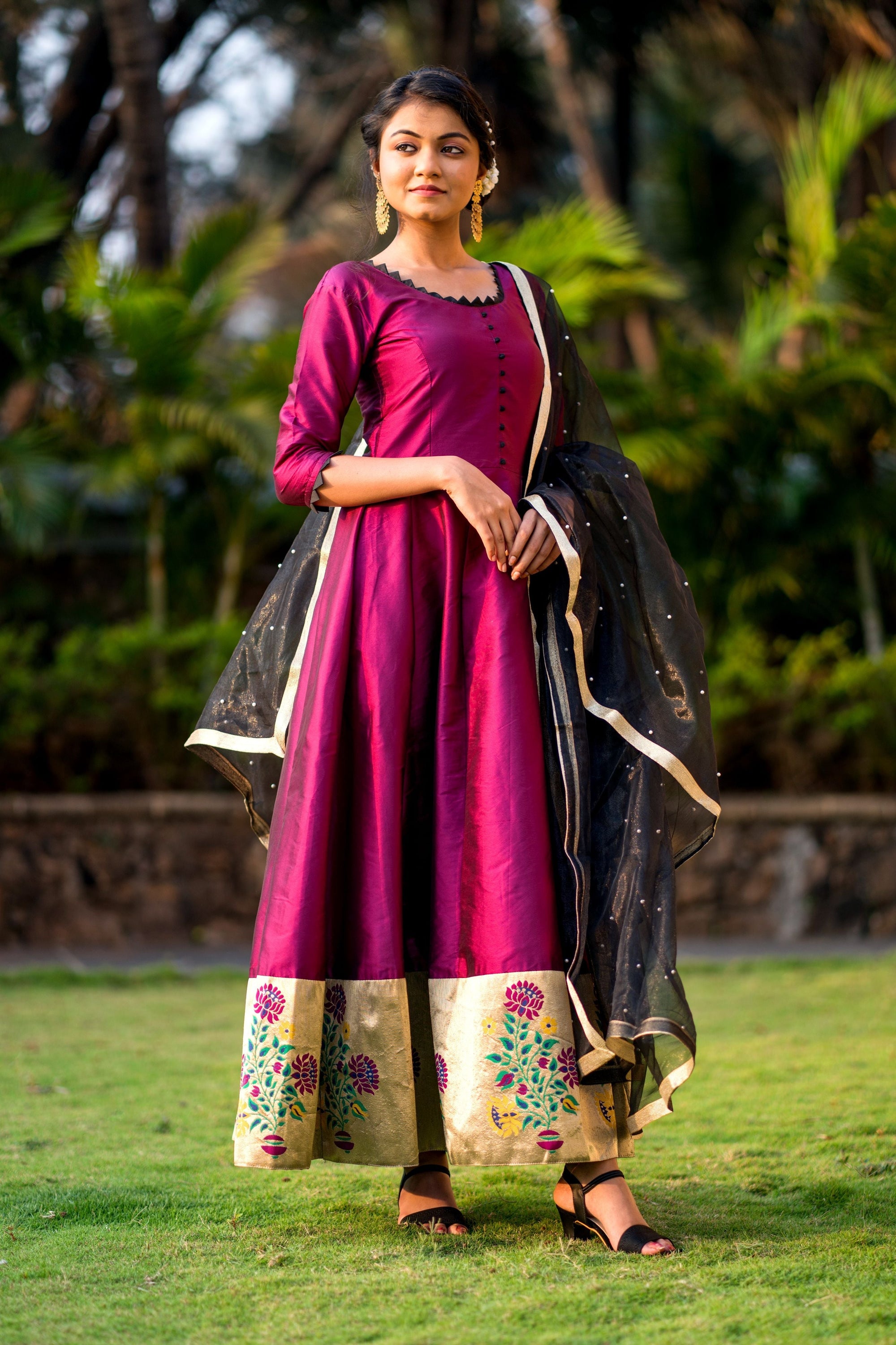 Women Purple Taffeta Silk Anarkali Gown With Dupatta- House of Saba