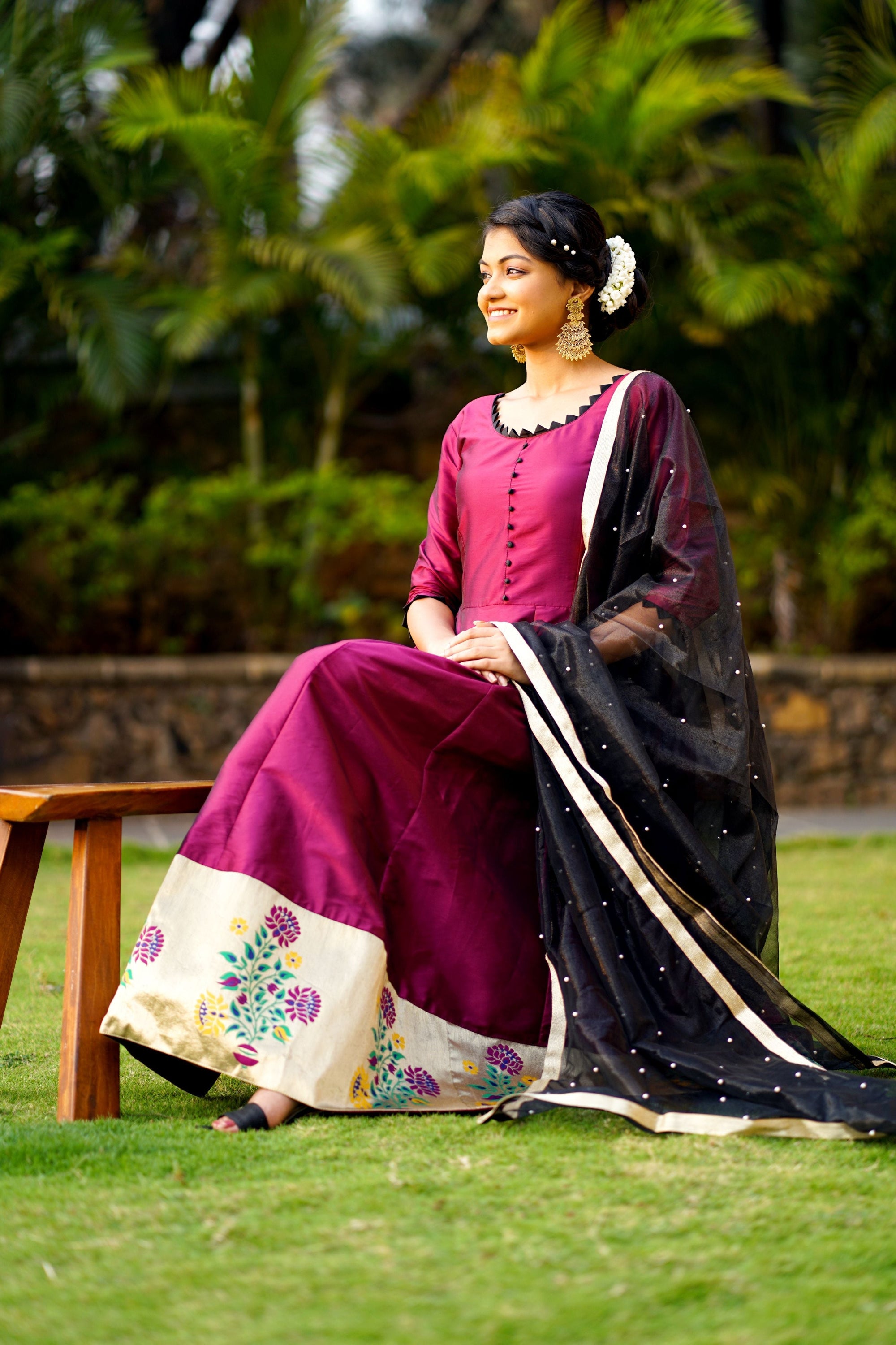 Women Purple Taffeta Silk Anarkali Gown With Dupatta- House of Saba