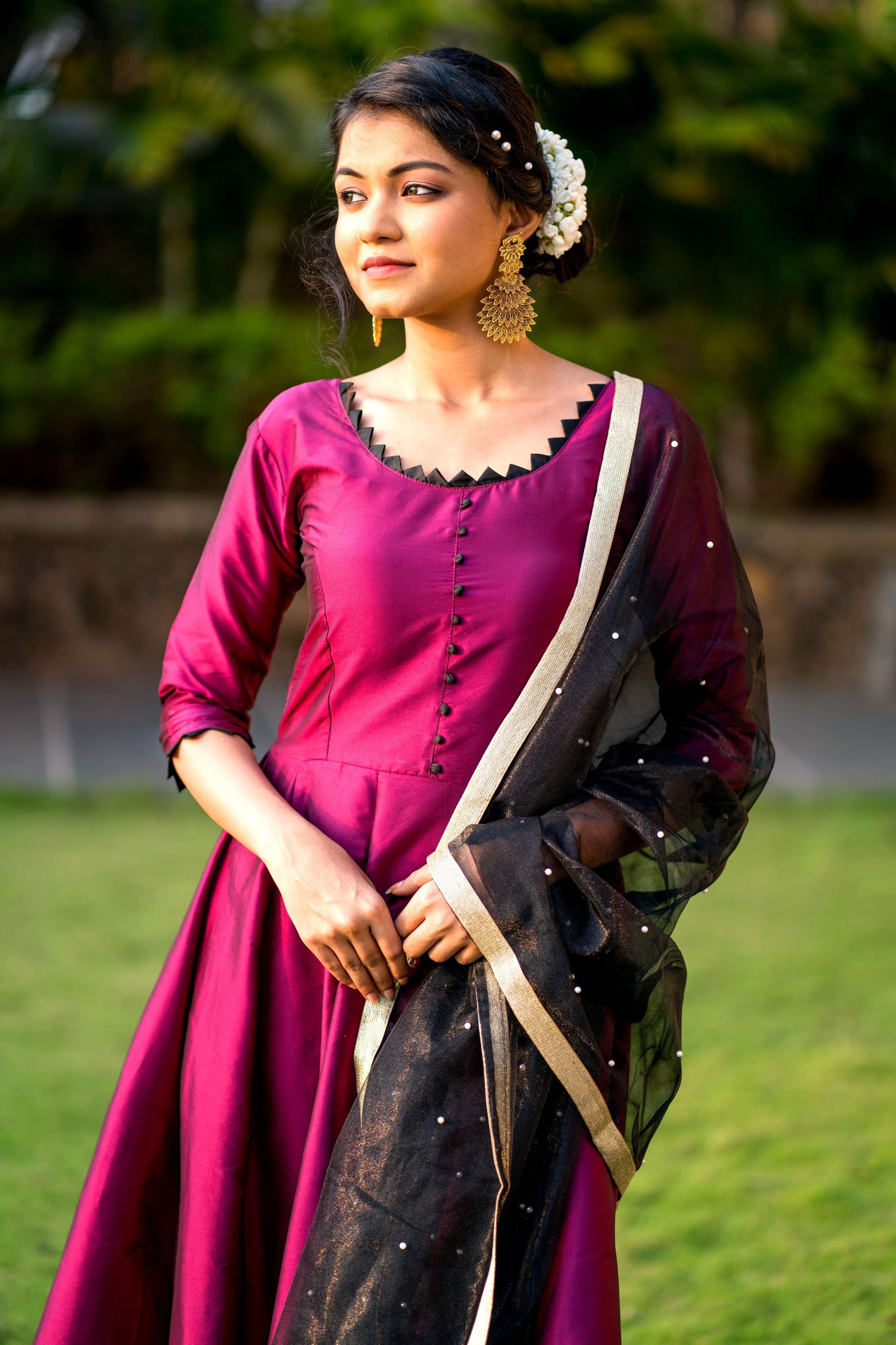 Women Purple Taffeta Silk Anarkali Gown With Dupatta- House of Saba