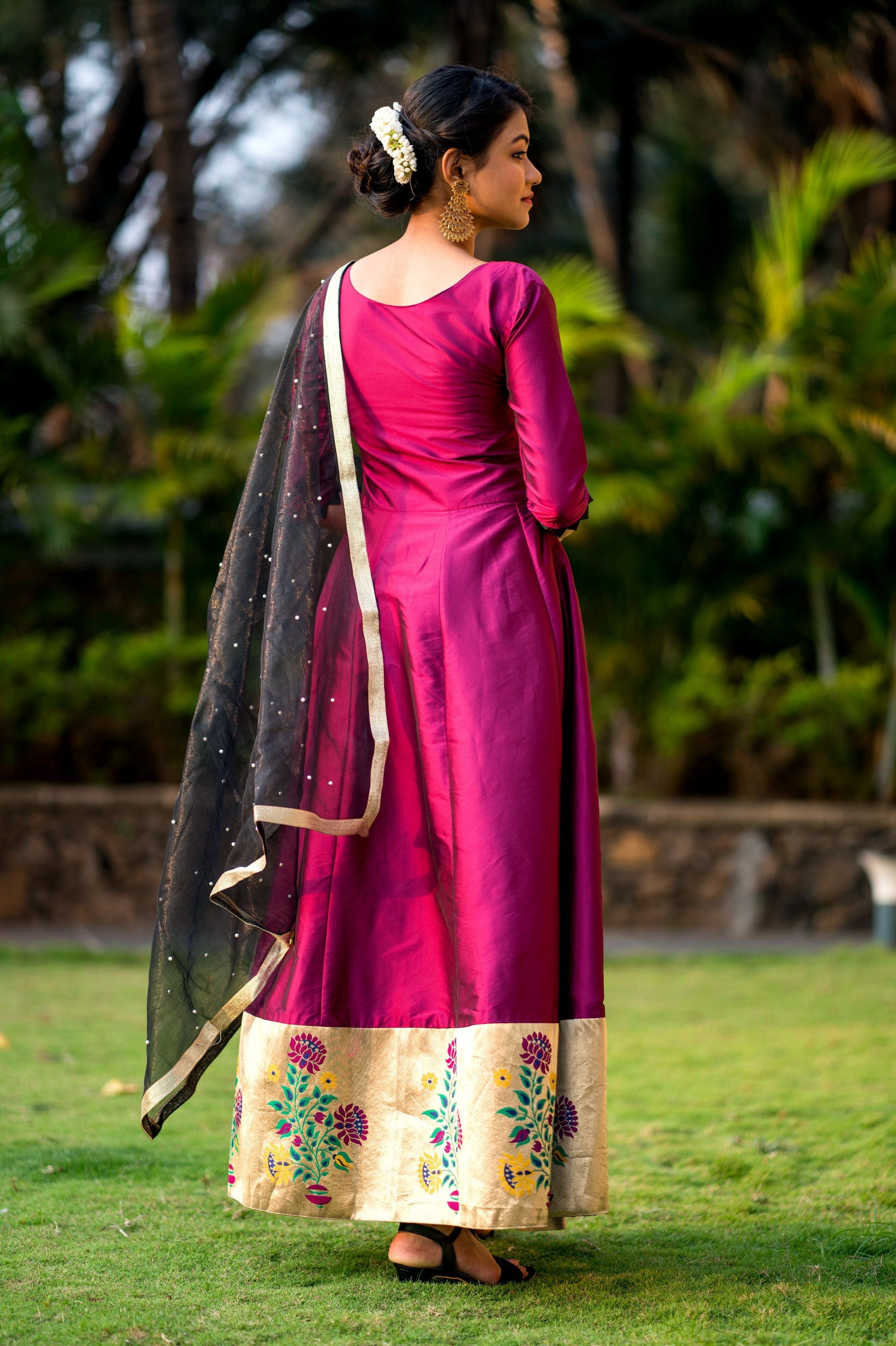 Women Purple Taffeta Silk Anarkali Gown With Dupatta- House of Saba