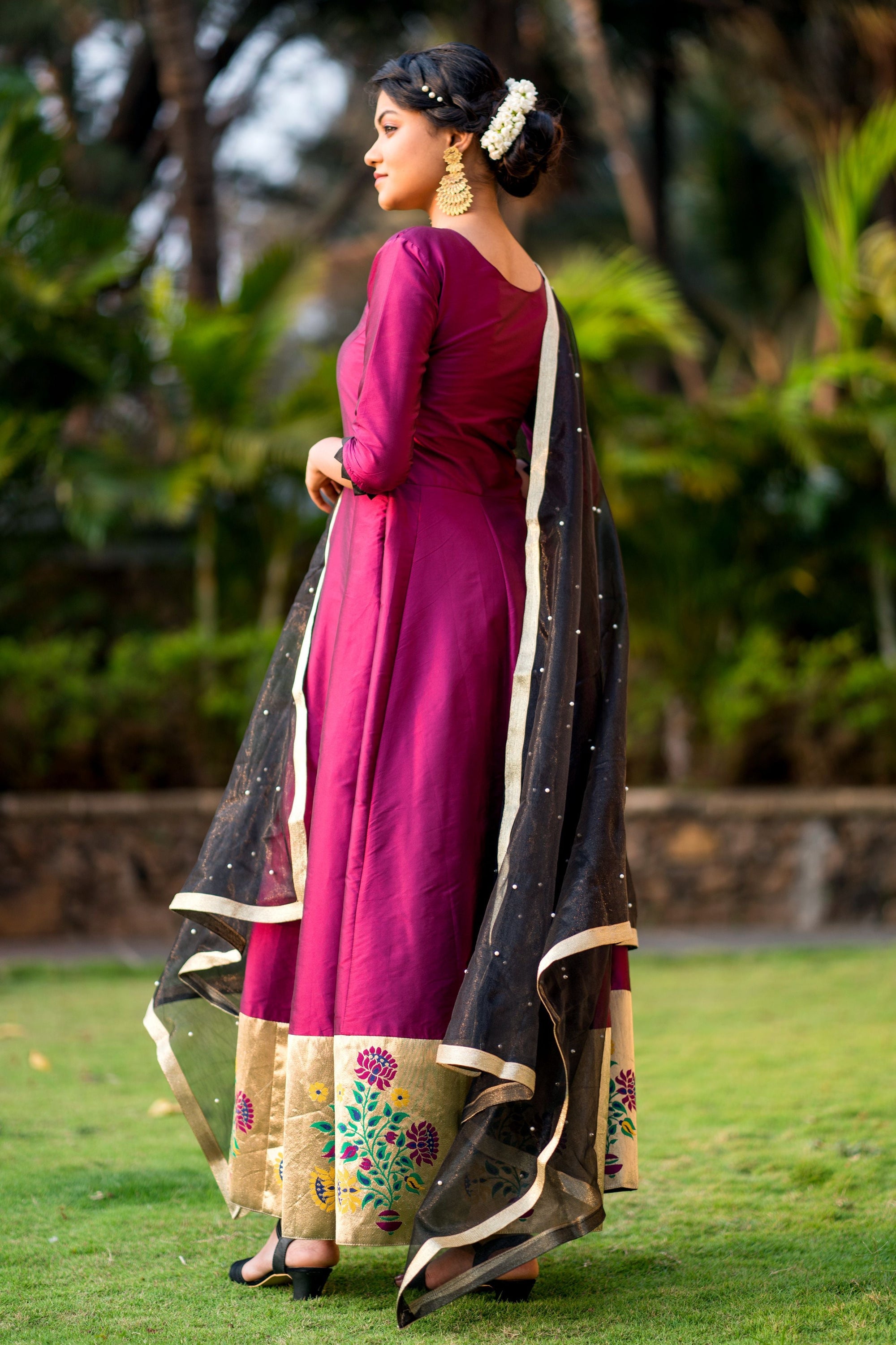 Women Purple Taffeta Silk Anarkali Gown With Dupatta- House of Saba