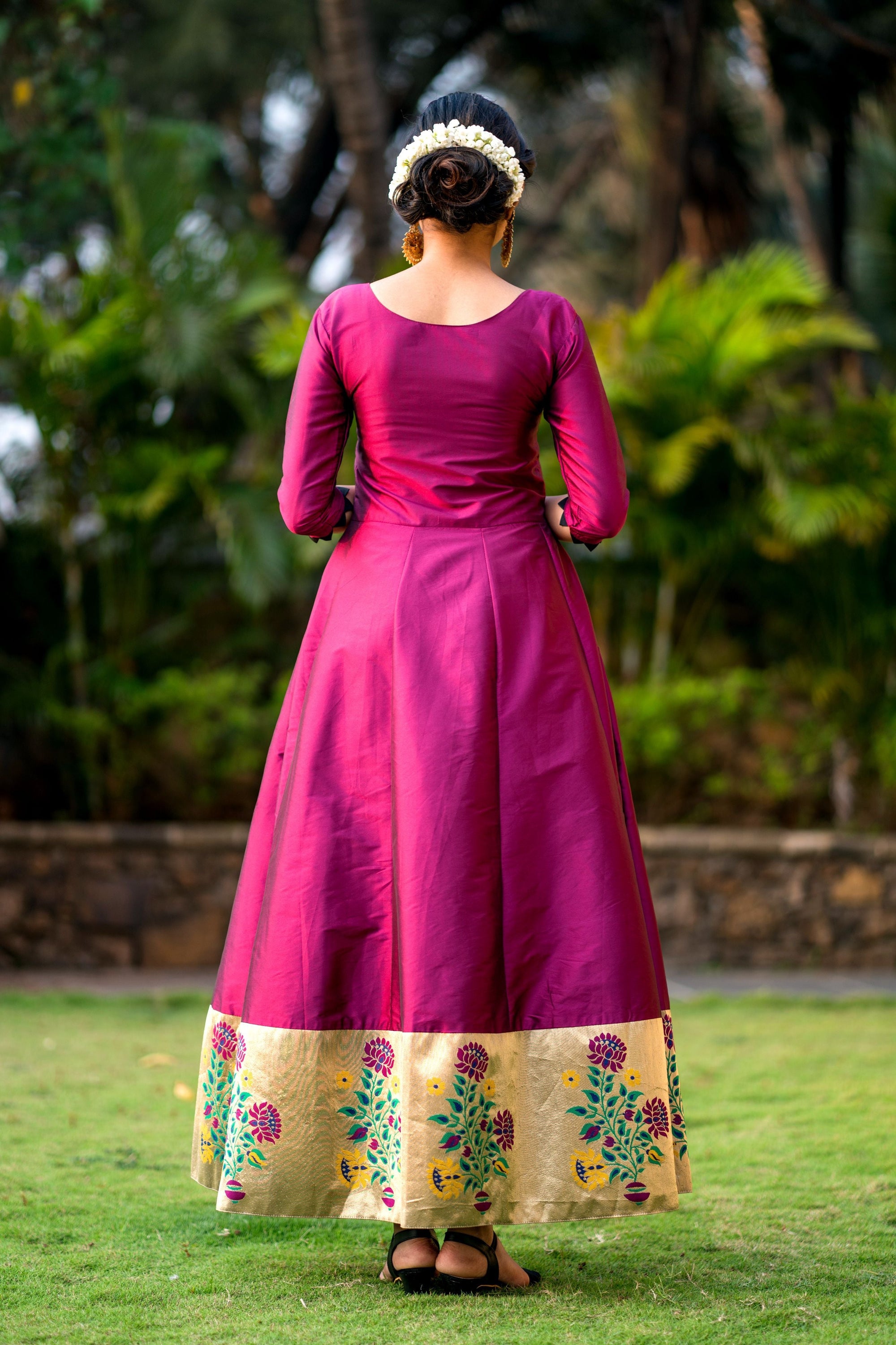 Women Purple Taffeta Silk Anarkali Gown With Dupatta- House of Saba