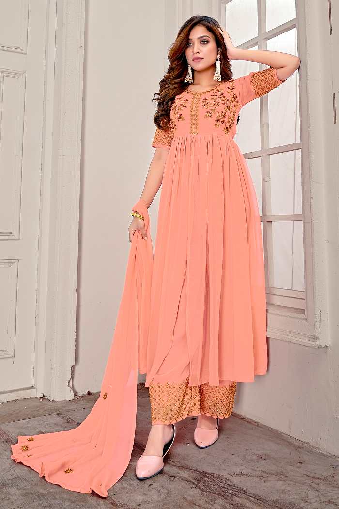 Indo Western Peach Embroidered Front Cut Anarkali Gown With Palazzo and Dupatta - House of Saba