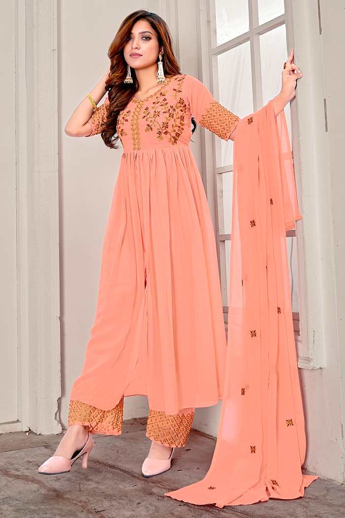 Indo Western Peach Embroidered Front Cut Anarkali Gown With Palazzo and Dupatta - House of Saba