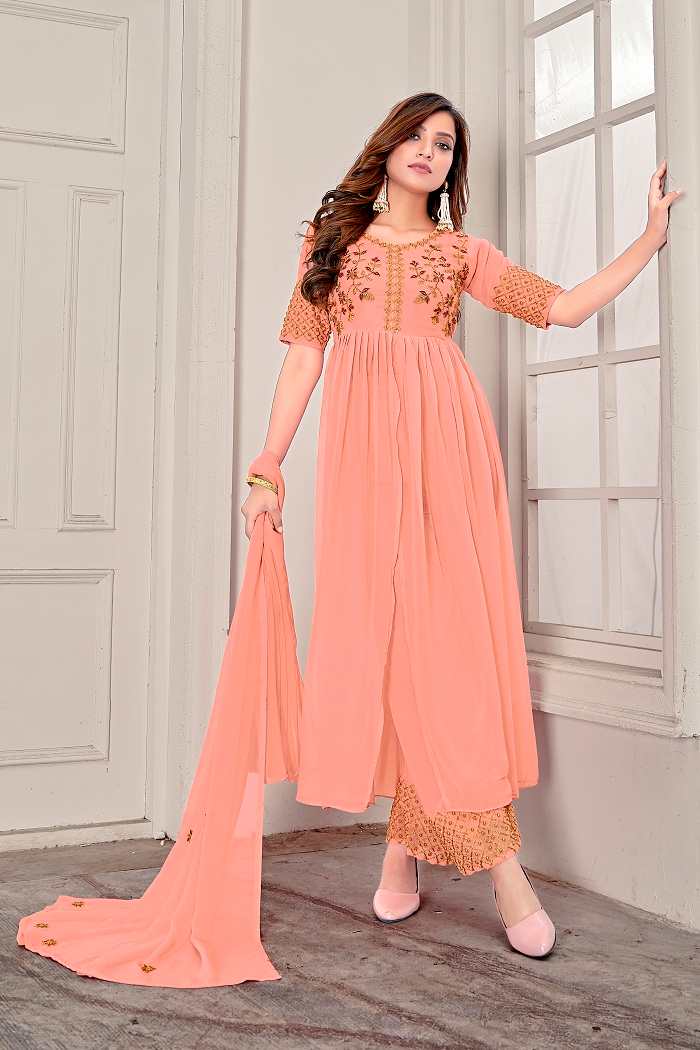 Indo Western Peach Embroidered Front Cut Anarkali Gown With Palazzo and Dupatta - House of Saba