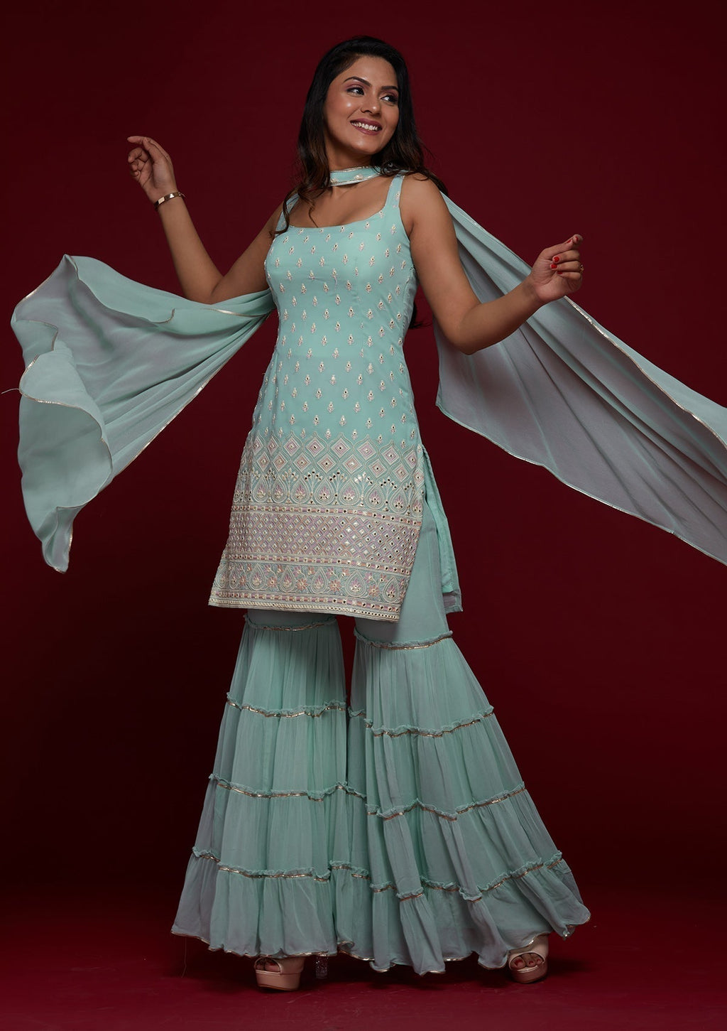 Sky Blue Gotapatti Georgette Designer Salwar Suit Sharara Garara - House of Saba
