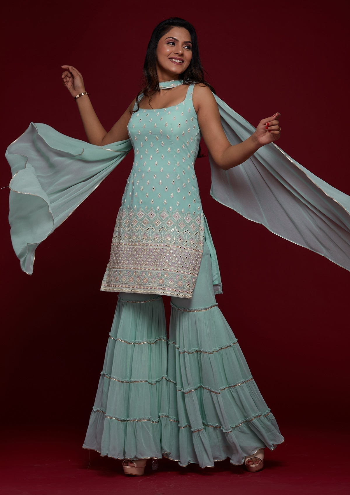 Sky Blue Gotapatti Georgette Designer Salwar Suit Sharara Garara - House of Saba