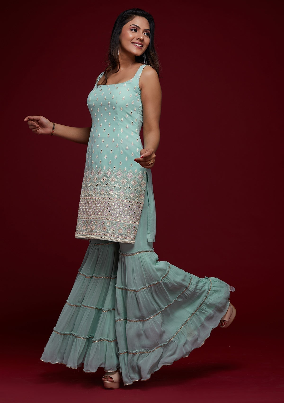 Sky Blue Gotapatti Georgette Designer Salwar Suit Sharara Garara - House of Saba