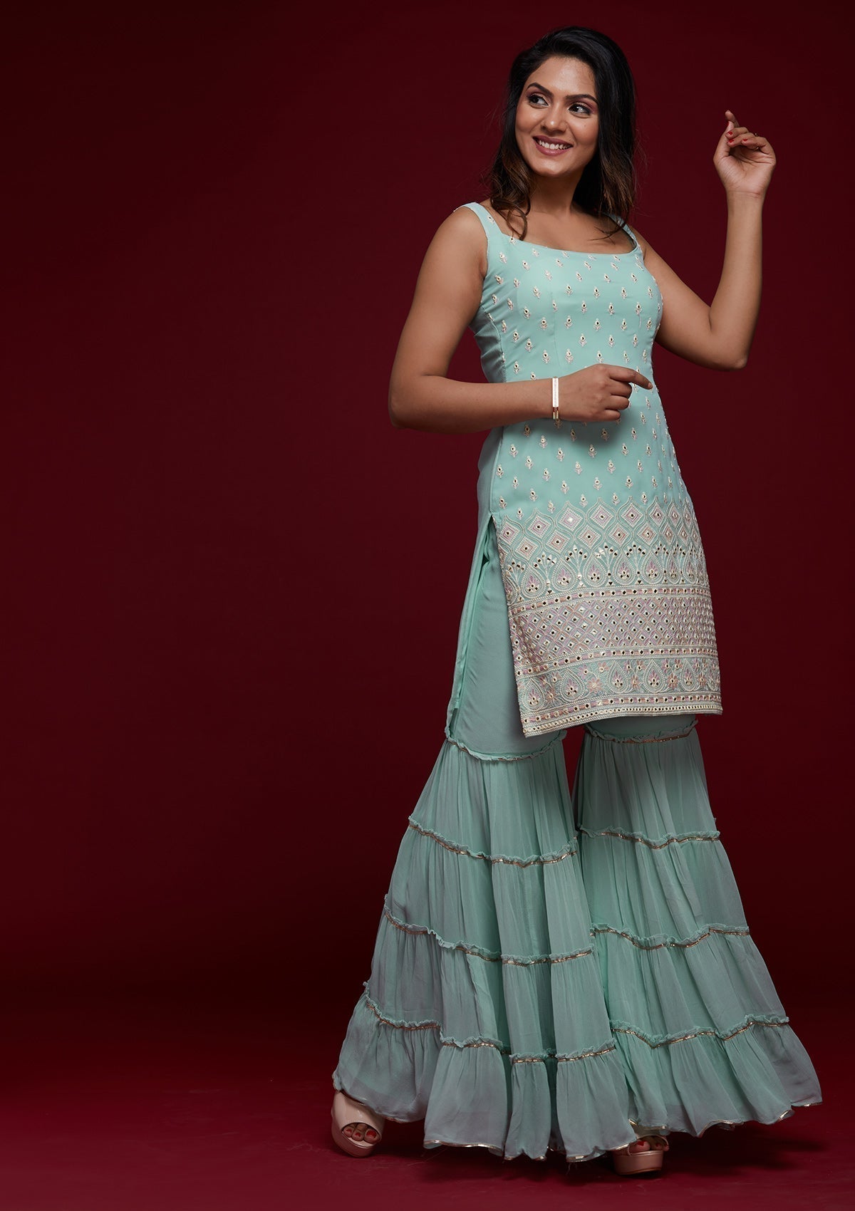 Sky Blue Gotapatti Georgette Designer Salwar Suit Sharara Garara - House of Saba