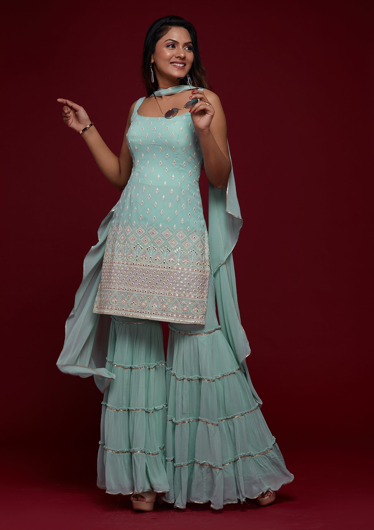 Sky Blue Gotapatti Georgette Designer Salwar Suit Sharara Garara - House of Saba