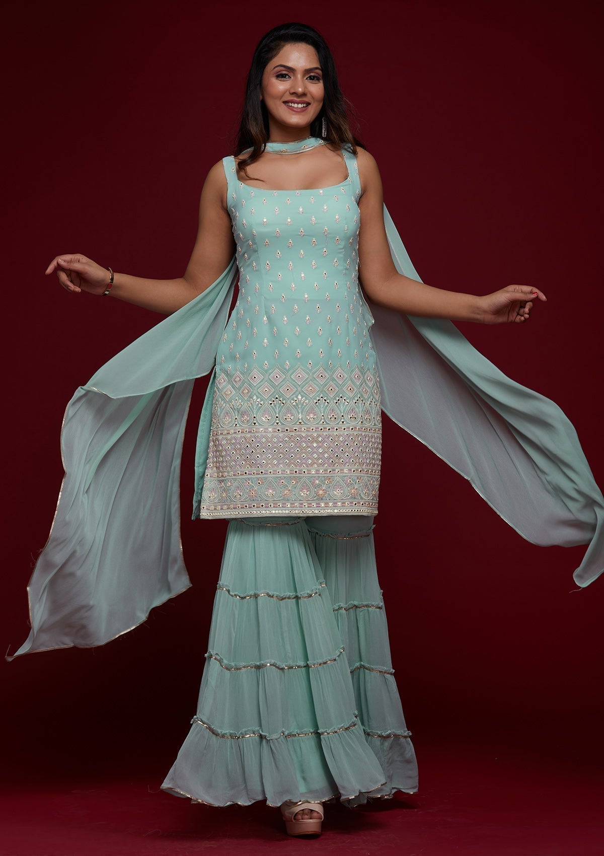 Sky Blue Gotapatti Georgette Designer Salwar Suit Sharara Garara - House of Saba